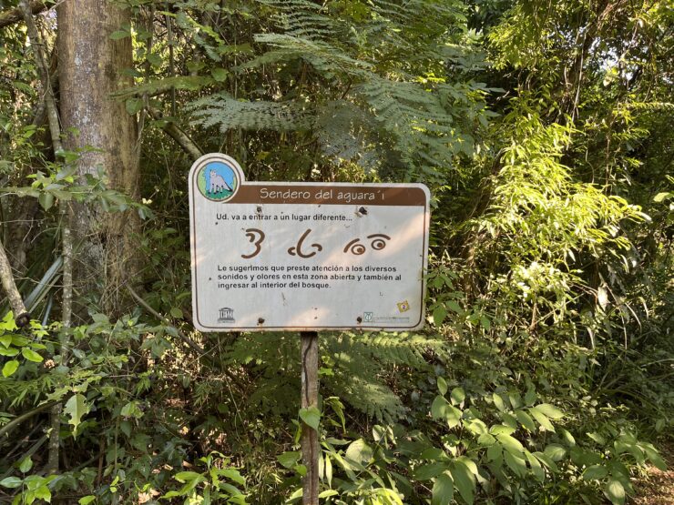 A sign in the forest encourages people to pay attention with all the senses.
