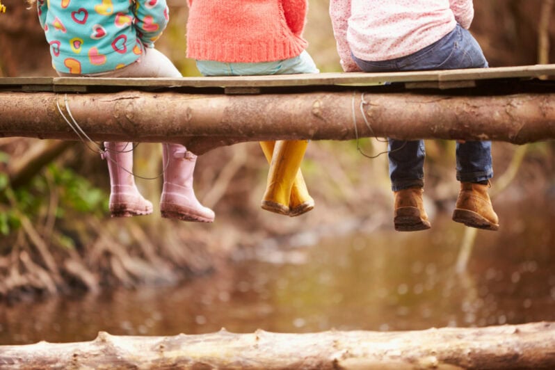 Three children sit with their feet dangling over a wooden bridge.