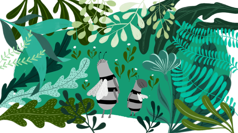 Characters standing in a forest noticing and connecting with nature.