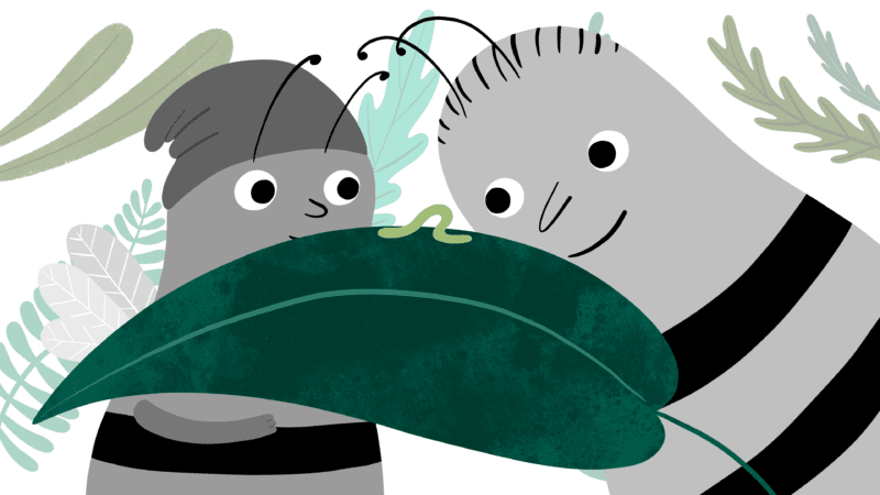 Characters closely observing a caterpillar as it crawls on a leaf.