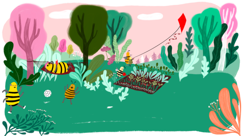 Characters playing outdoors together in nature.