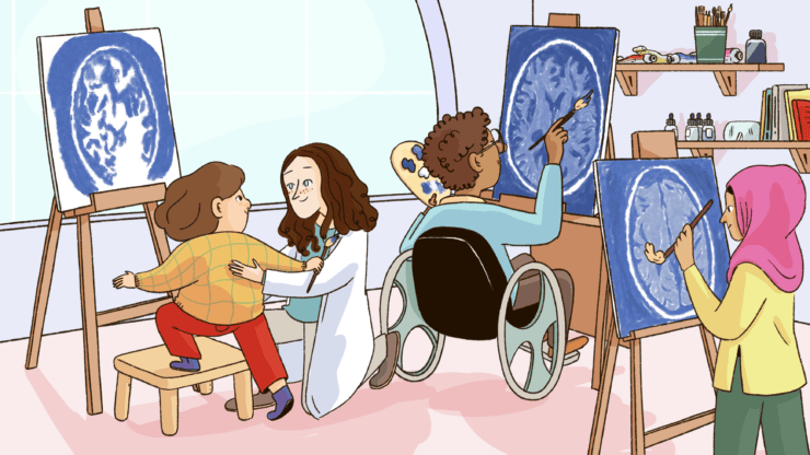 Children paint images of brains with the help of a neuroscientist.