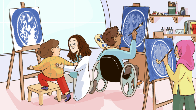 Children paint images of brains with the help of a neuroscientist.