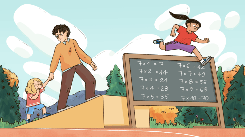 Children jump over a blackboard of math problems.