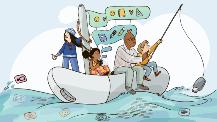 A researcher and children in a boat use a fishing rod to catch digital solutions to challenges.
