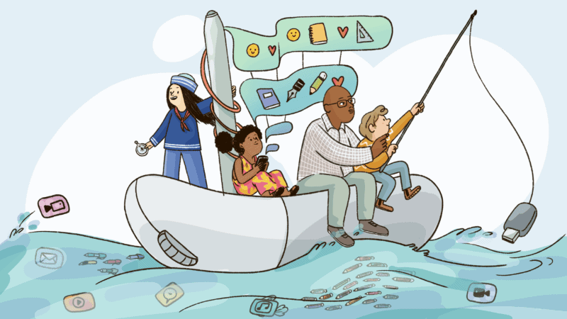 A researcher and children in a boat use a fishing rod to catch digital solutions to challenges.