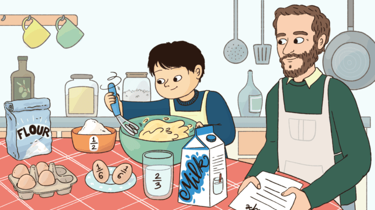 A man and a boy bake together, looking at numbers for the recipe.