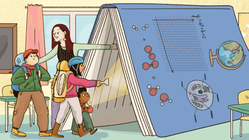 A researcher guiding children through a tunnel on an adventure.