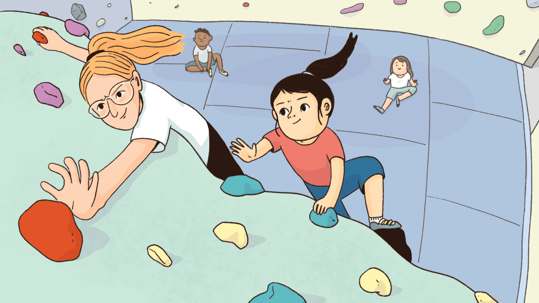 A woman and a child scale a climbing wall.