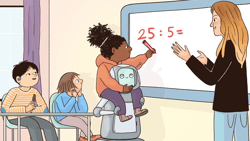 A child solves a mathematics problem with the help of a robot.