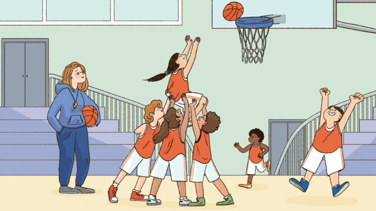 A scientist watches children playing basketball together.