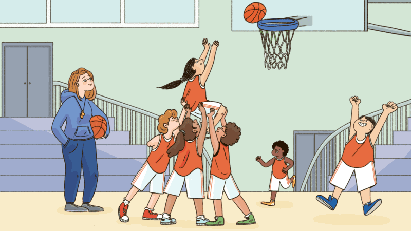 A scientist watches children playing basketball together.