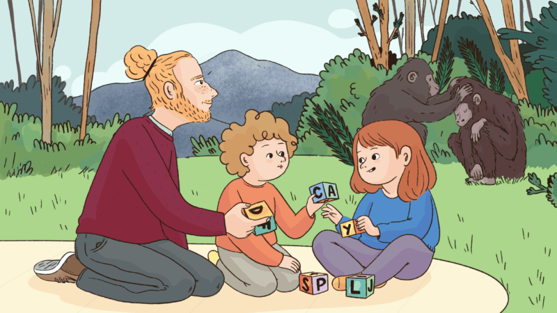 A researcher works with children and great apes.