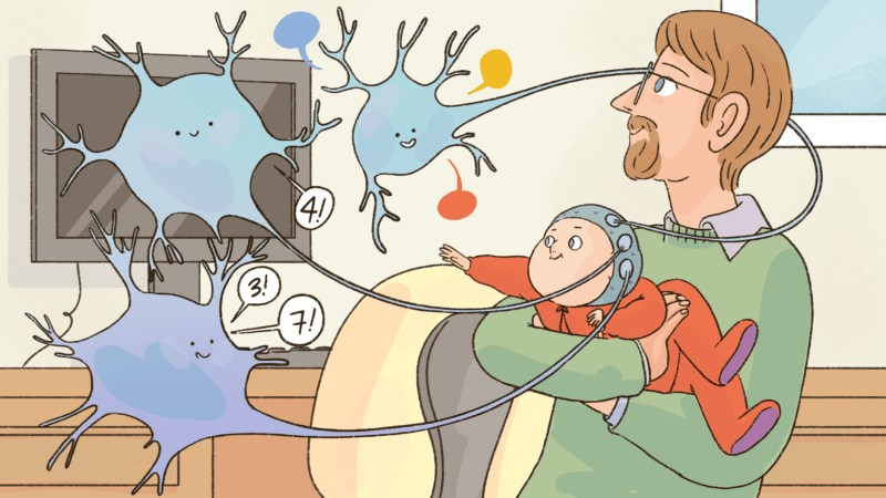 A researcher holds an infant wearing a brain scanning cap with neurons firing out.