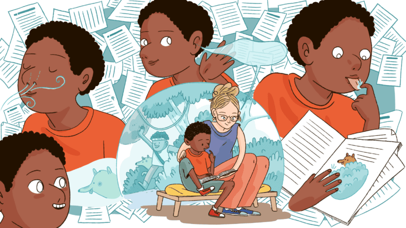 A child and an adult read together, engaging all senses.