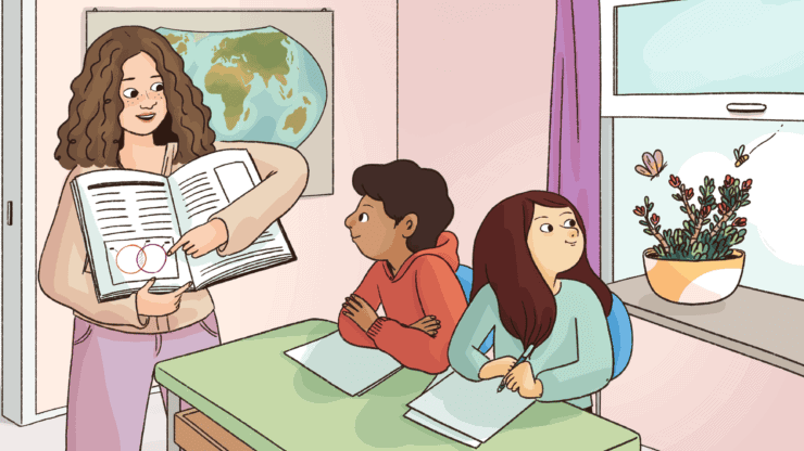 A girl is looks out of the window while a lesson is taking place in the classroom.