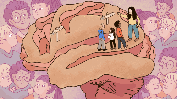 A researcher shows children decision pathways in the brain.