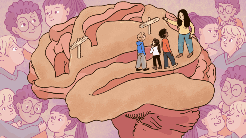 A researcher shows children decision pathways in the brain.