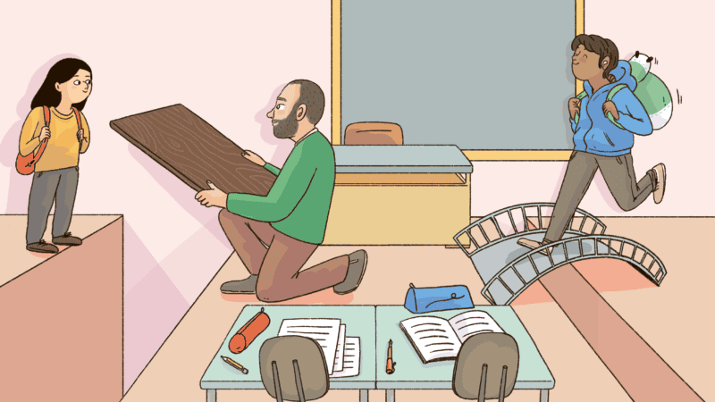 A researcher puts a bridge down so a preschool child can enter the classroom.