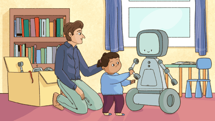 A researcher and a child interact with a robot.