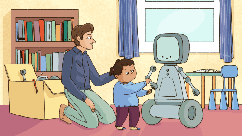 A researcher and a child interact with a robot.