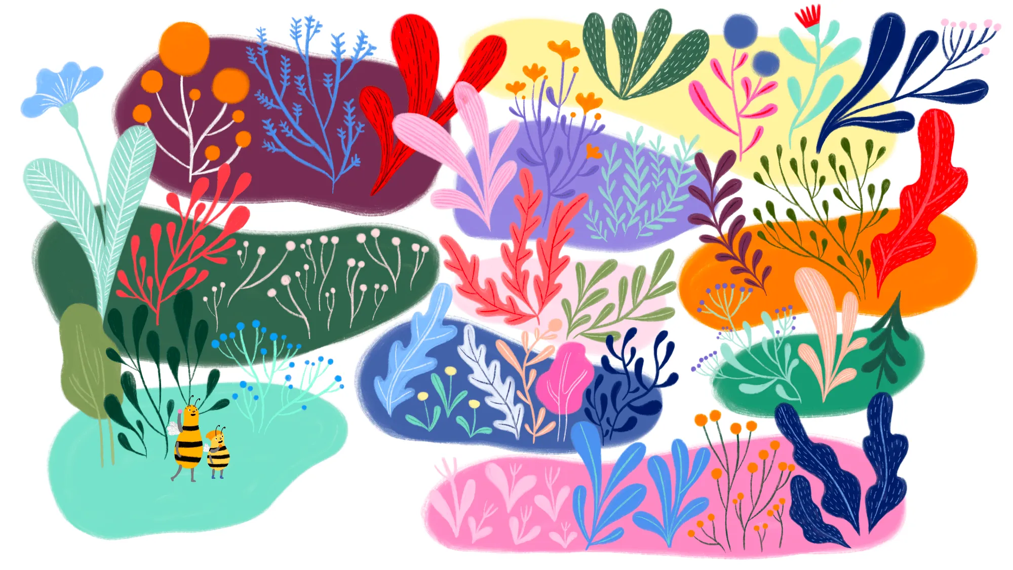 An illustration of a younger and an older bee looking at stylised, colourful leaves and flowers